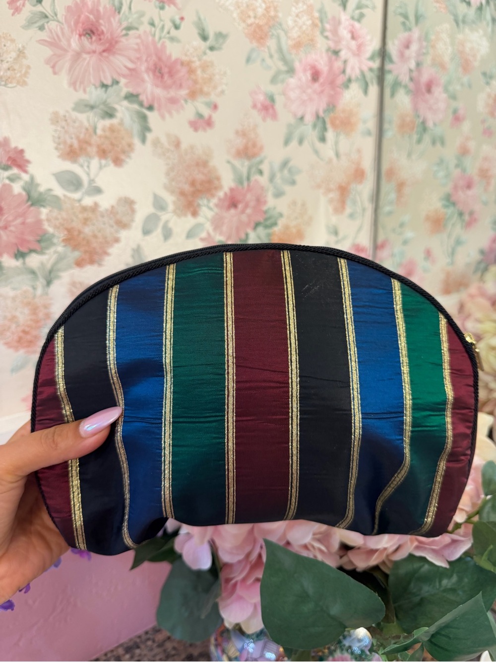Dior Striped Satin Cosmetic Pouch in Blue, Green, Burgundy and Black